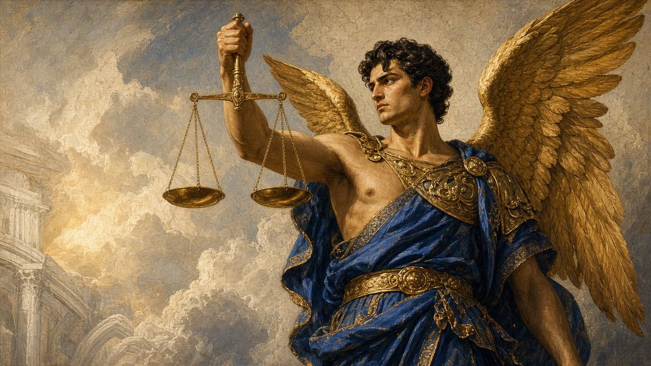 Kairos, the winged god of the opportune moment, in royal blue and gold armor